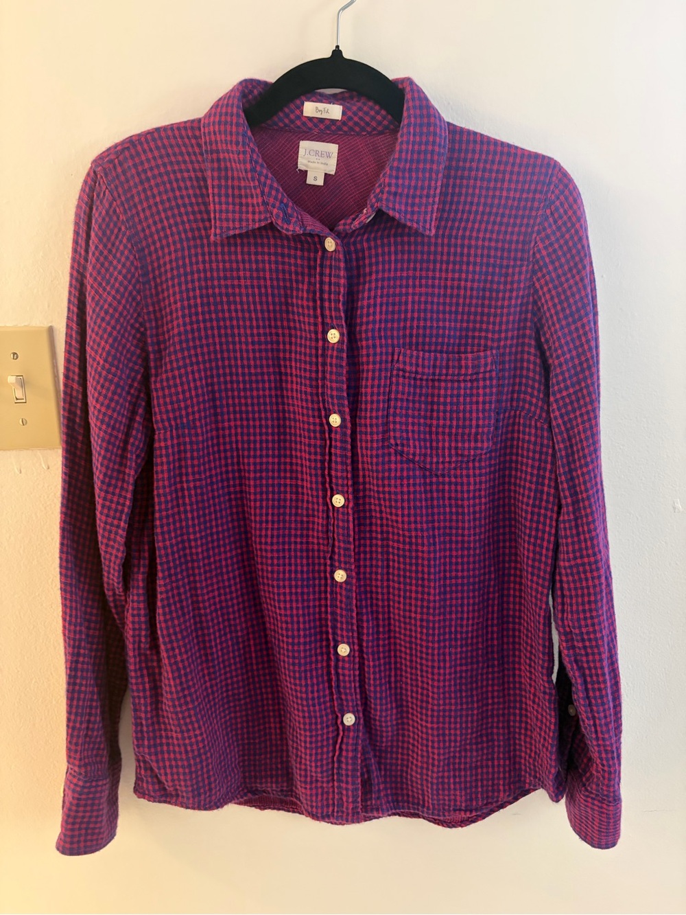 J. Crew Women’s Pink and Blue Check Button-Down Shirt - Small